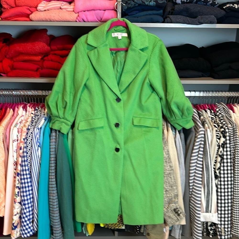 Miss Selfridge green long coat with 3/4 quarter puff sleeves size 2P